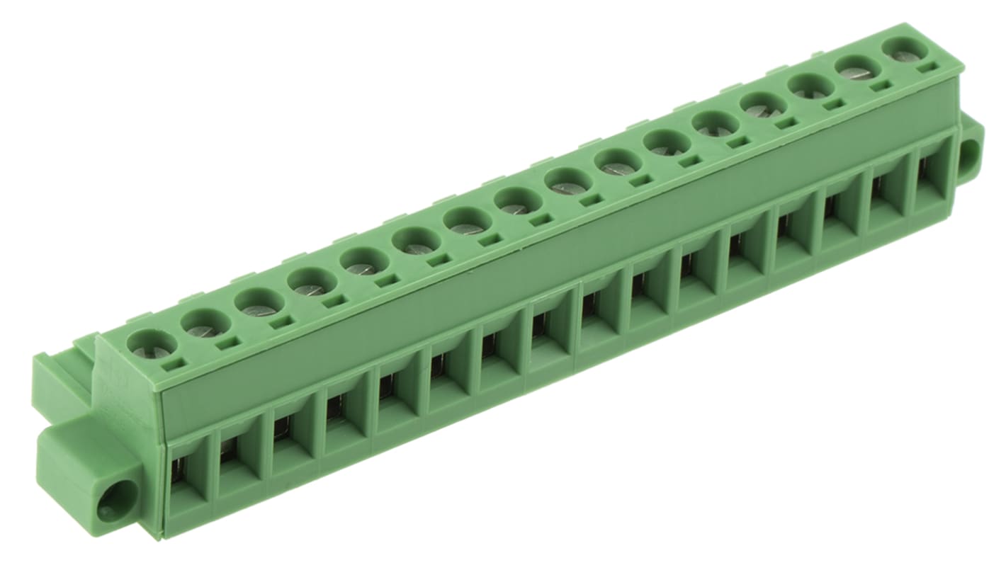 Borne enchufable para PCB Ángulo recto Phoenix Contact de 16 vías , paso 5.08mm, 12A, de color Verde, montaje De