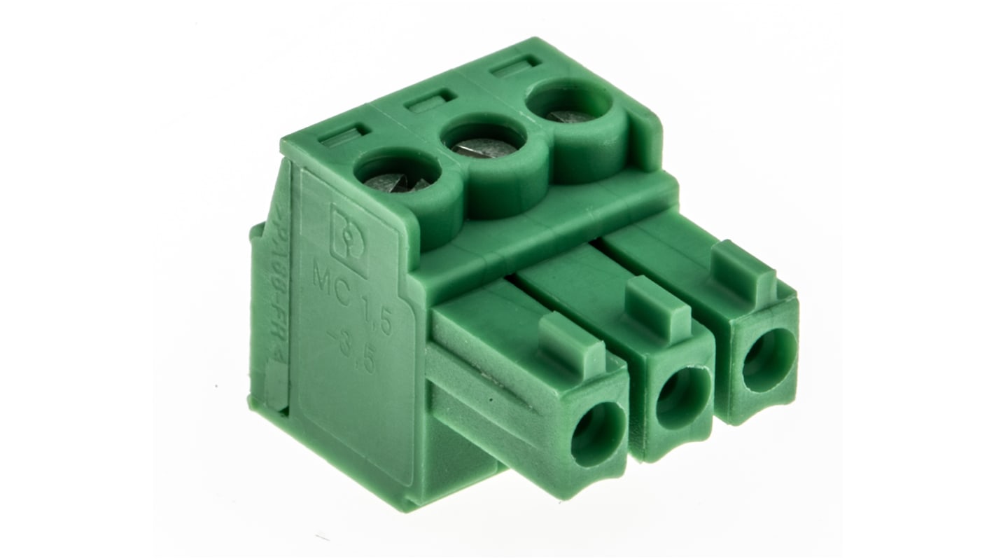Phoenix Contact, 3.5mm Pitch, MC 1.5/3-ST-3.5, 3 Way, , Pluggable Terminal Block, Plug, Cable Mount, Screw Termination,