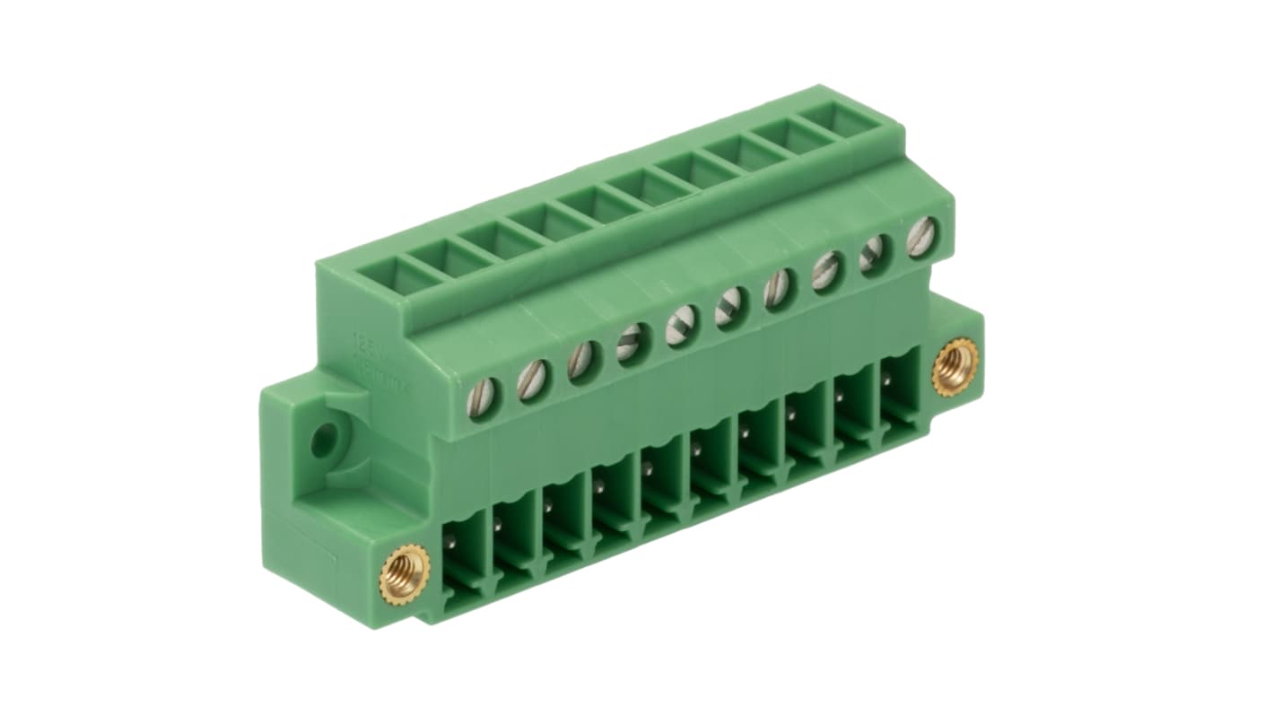 Phoenix Contact, 3.81mm Pitch, MCVU 1.5/10-GFD-3.81, 10 Way, , Pluggable Terminal Block, Plug, Direct Mounting, Screw