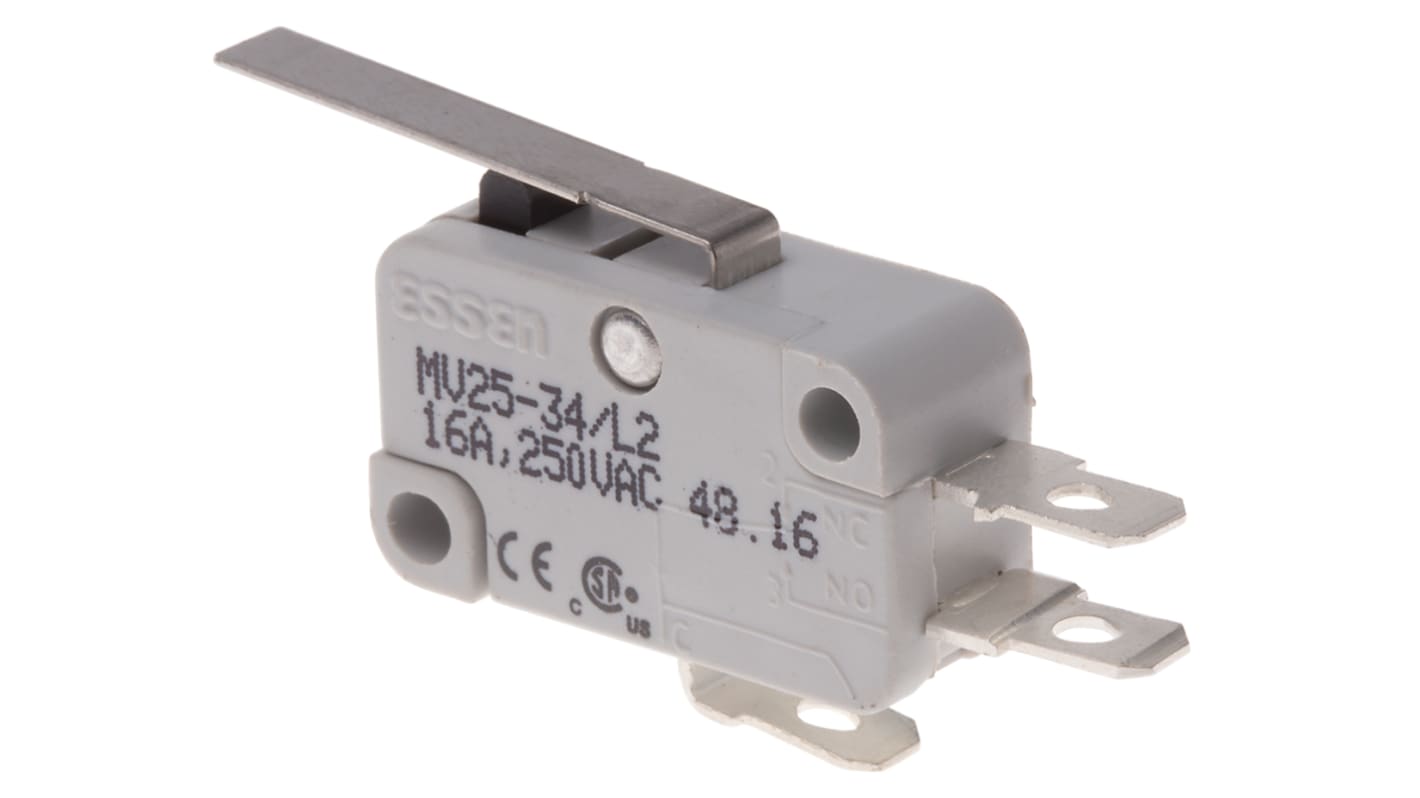 RS PRO Long Straight Lever Micro Switch, Quick Connect Terminal, 16 A @ 250 V ac, SPDT
