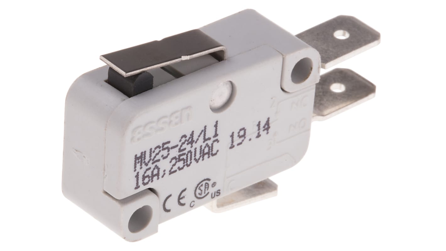 RS PRO Short Lever Micro Switch, Quick Connect Terminal, 16 A @ 250 V ac, SP-CO
