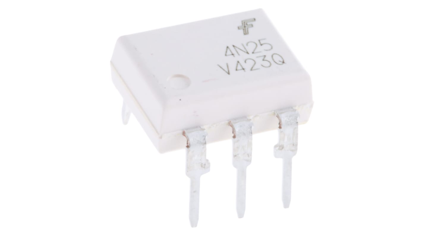 Optoacoplador onsemi 4N25 de 1 canal, Vf= 1.5V, Viso= 7,5 kVrms, IN. DC, OUT. Transistor, mont. pasante, encapsulado