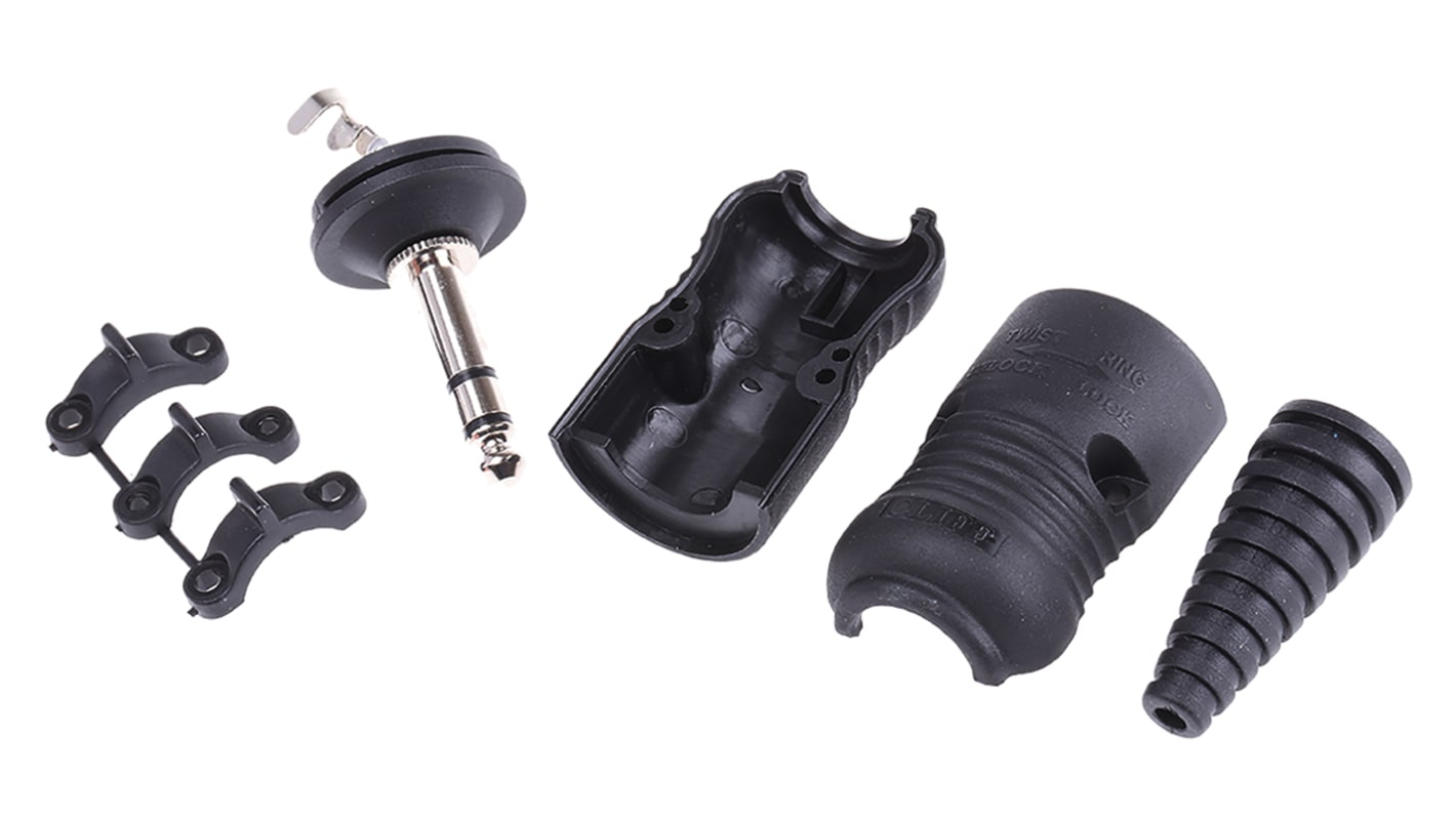 Connettore jack, 6.35 mm, Maschio, Nero, Montaggio su cavo