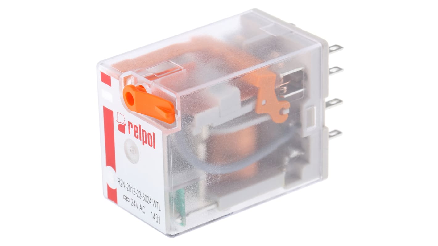 Relé de potencia sin enclavamiento Relpol R2N de 2 polos, DPDT, bobina 24V ac, 12A, enchufable