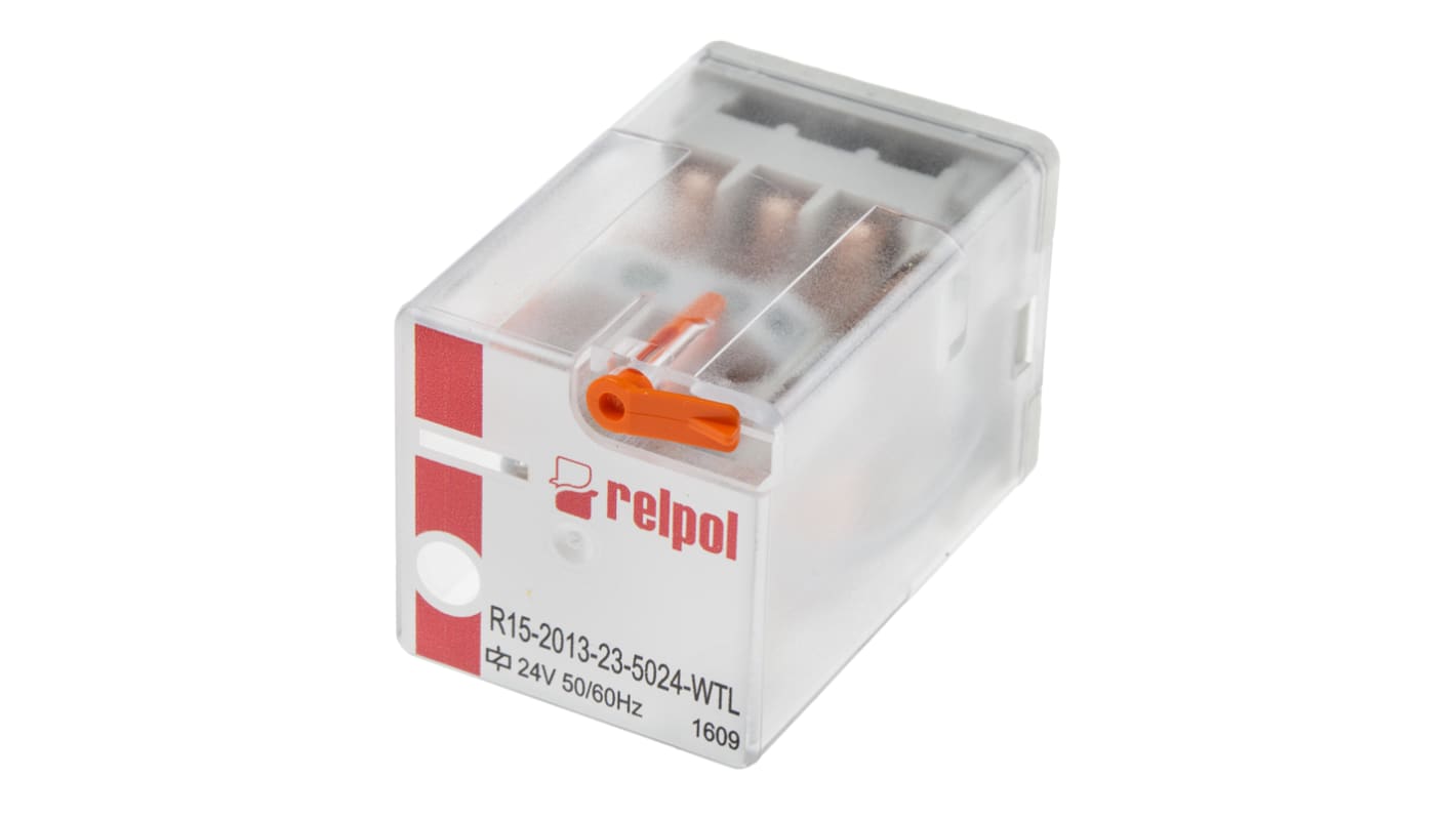 Relé de potencia sin enclavamiento Relpol R15 de 3 polos, 3PDT, bobina 24V ac, 10A, enchufable