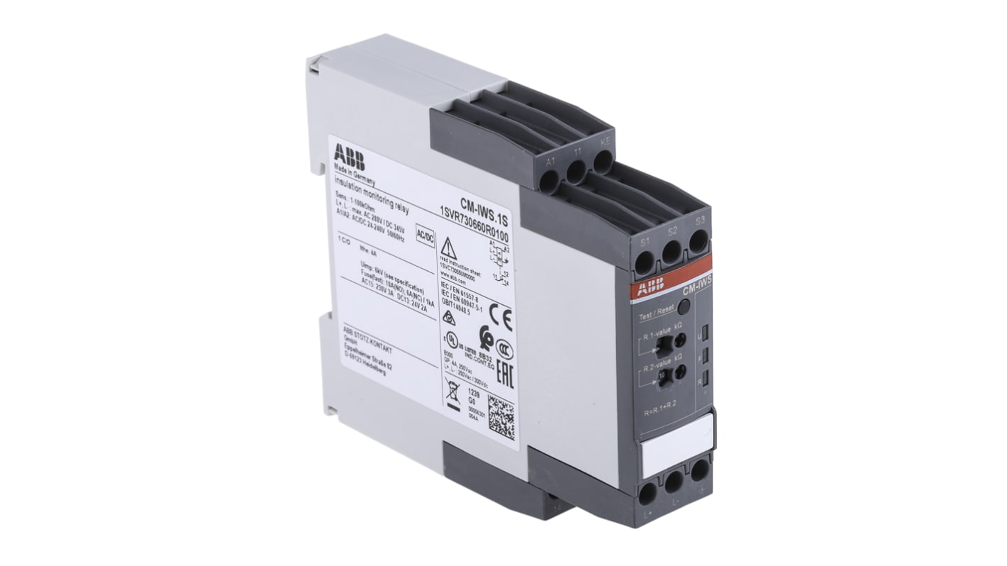 ABB Insulation Monitoring Relay, 1, 3 Phase, SPDT, 0 → 250 V ac, 0 → 300V dc, DIN Rail