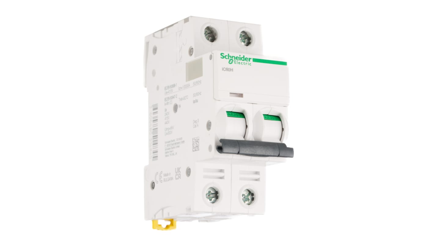 Schneider Electric Acti 9 C60HB MCB, 2P, 2A Curve B, 12 → 440V AC, 100 → 133V DC, 10 kA Breaking Capacity