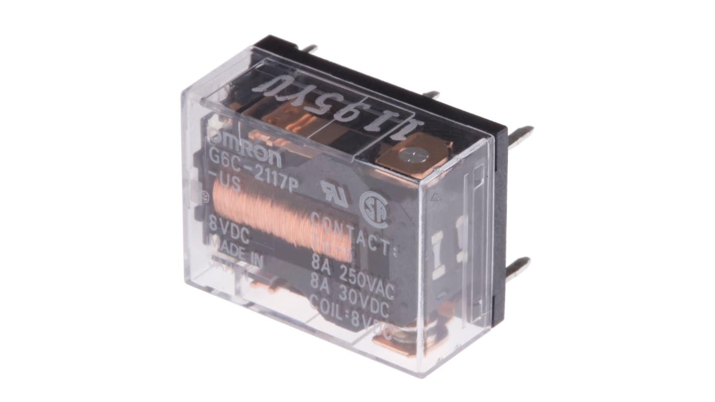 Omron PCB Mount Non-Latching Relay, 8V dc Coil, 8A Switching Current, DPST