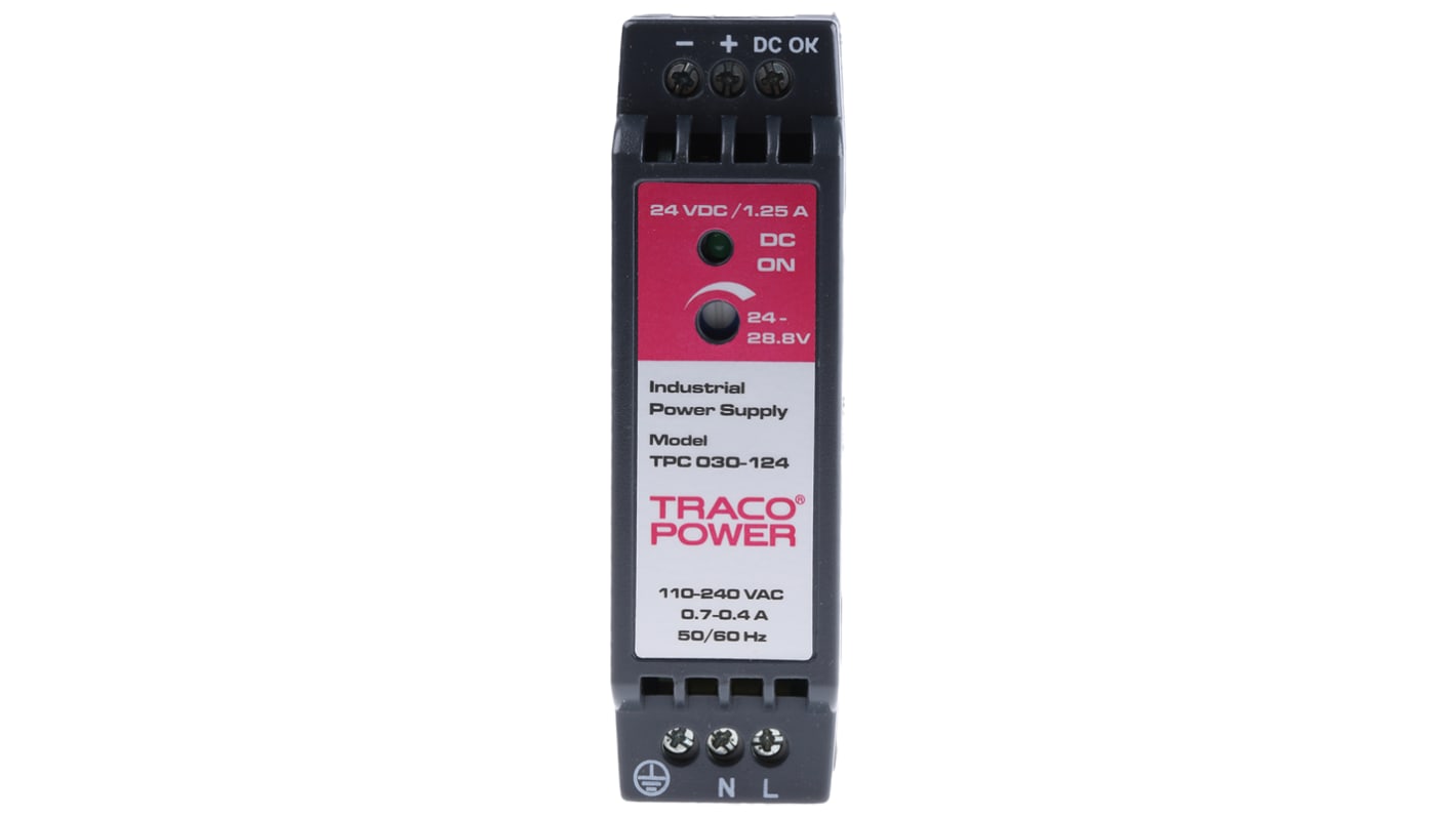 Alimentatore a montaggio su guida DIN TRACOPOWER, 24V cc, 1.25A, 85 → 264 V ac / 90 → 375V cc, 30W