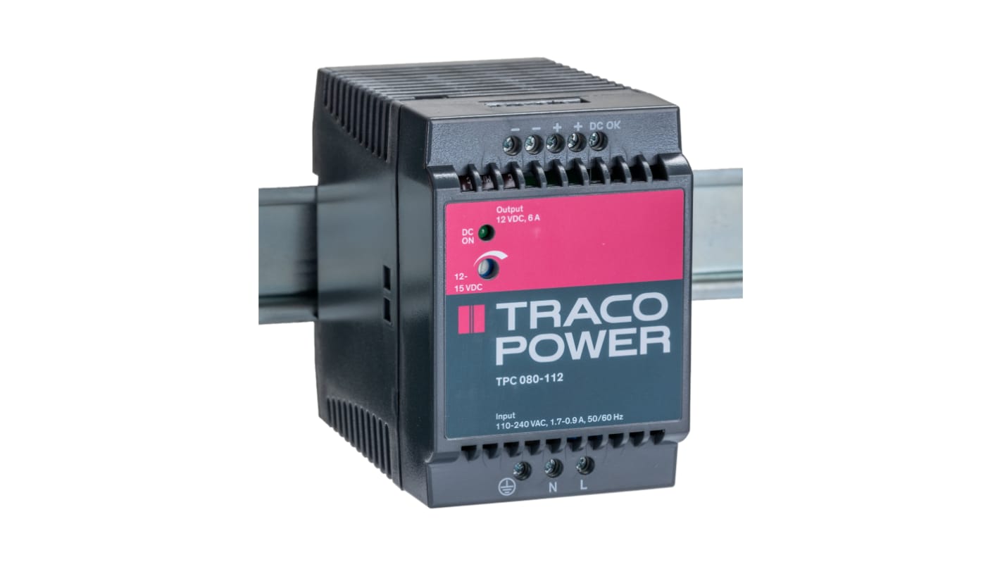 Alimentatore a montaggio su guida DIN TRACOPOWER, 12V cc, 6A, 85 → 264 V ac / 90 → 375V cc, 72W