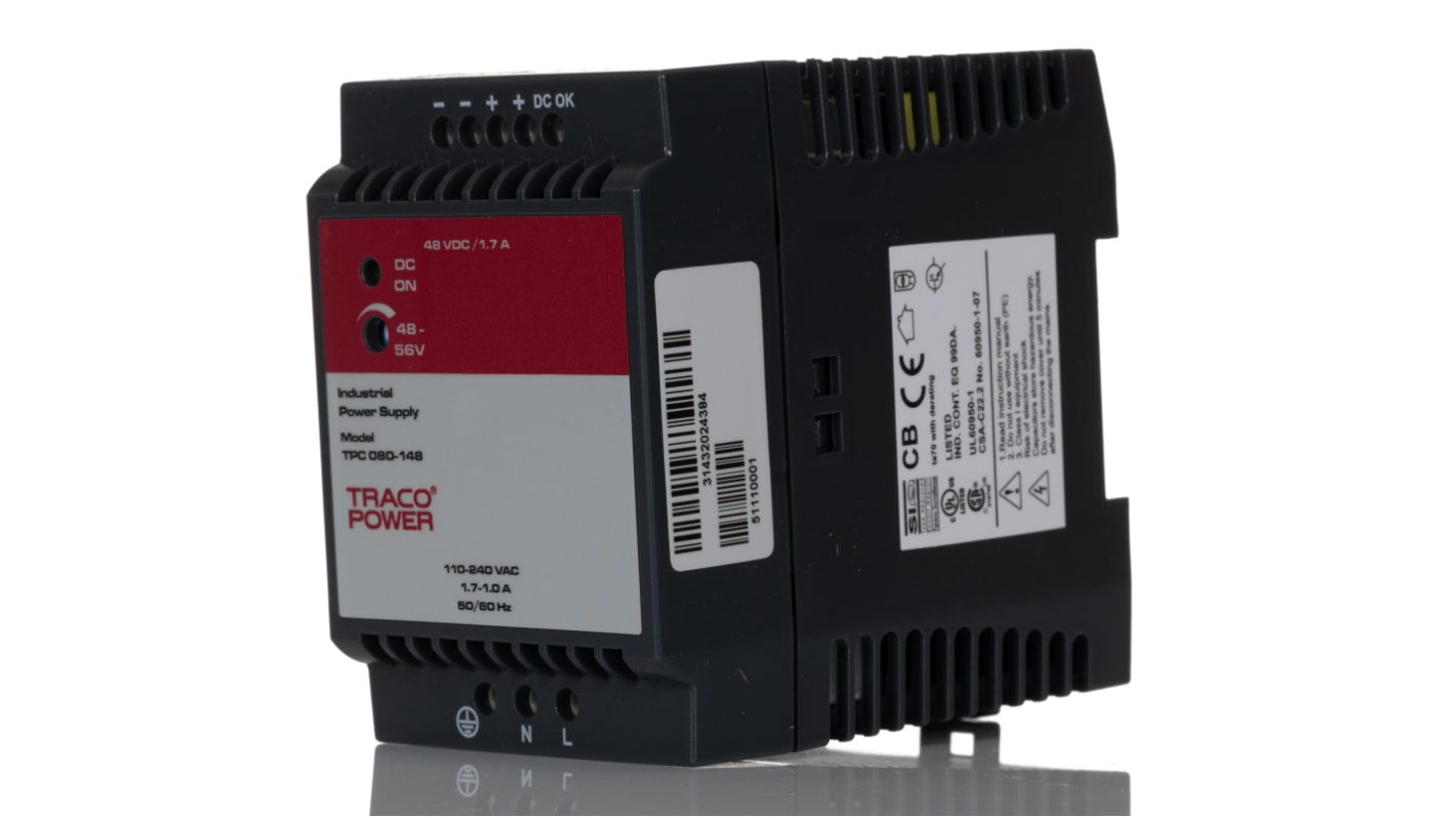Alimentatore a montaggio su guida DIN TRACOPOWER, 48V cc, 1.7A, 85 → 264 V ac / 90 → 375V cc, 80W