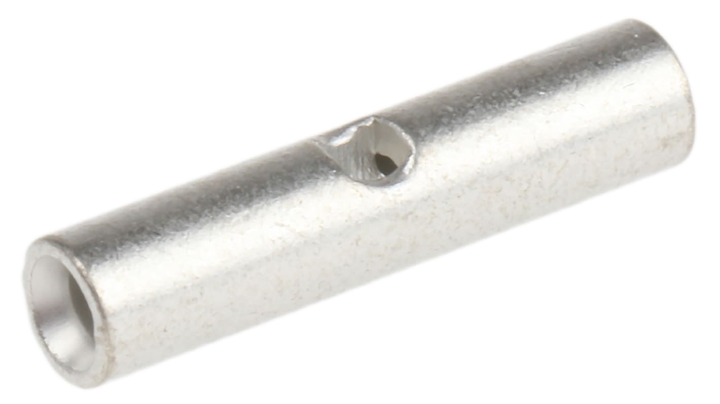 RS PRO Butt Splice Splice Connector, Silver, Uninsulated, Tin 22 → 16 AWG