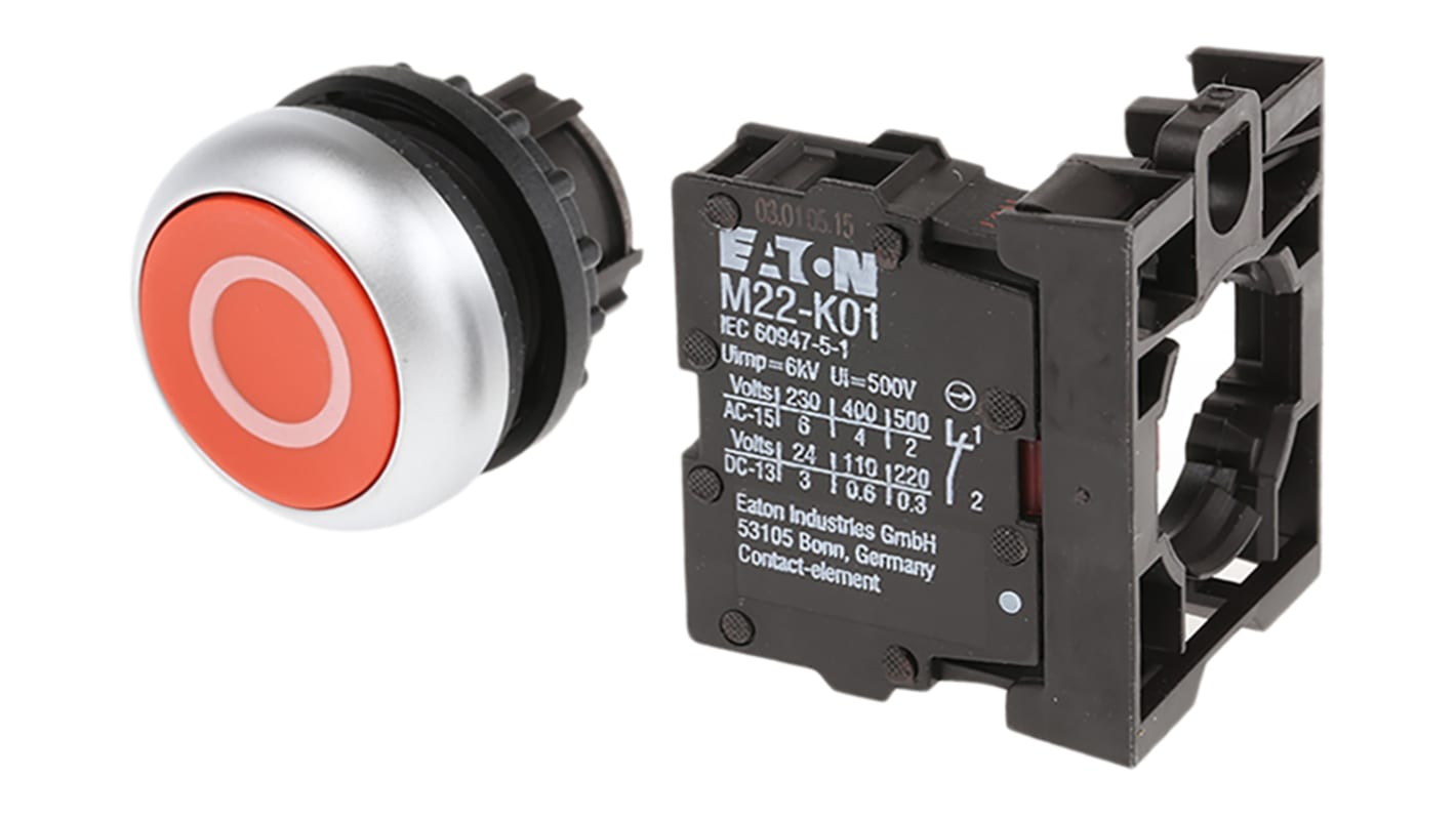 Eaton 按钮, Φ22mm开孔, 面板安装, 红色圆形塑料, 单刀单掷, IP67, IP69K, RMQ Titan M22系列