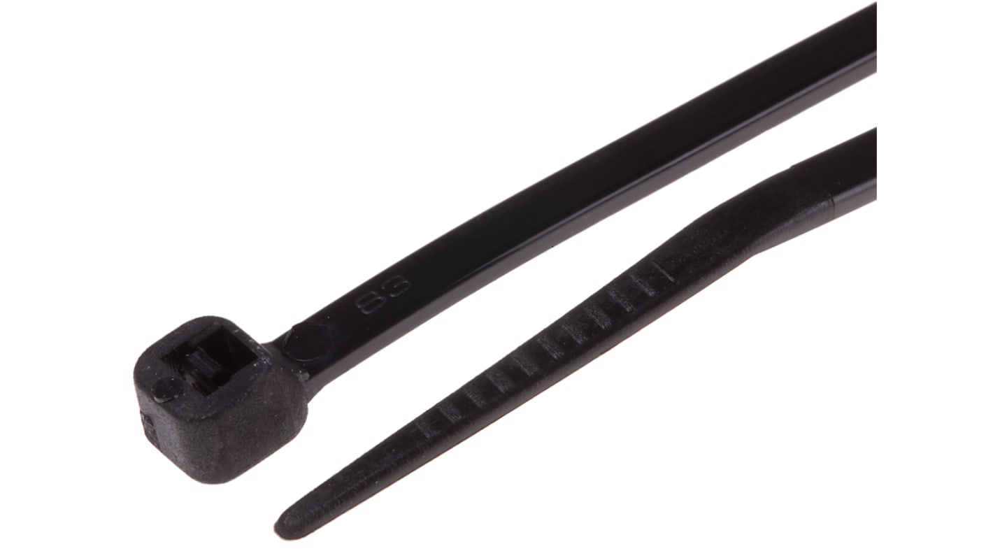 RS PRO Cable Tie, Heat Stabilised, 265mm x 3.6mm, Black Nylon, Pk-100