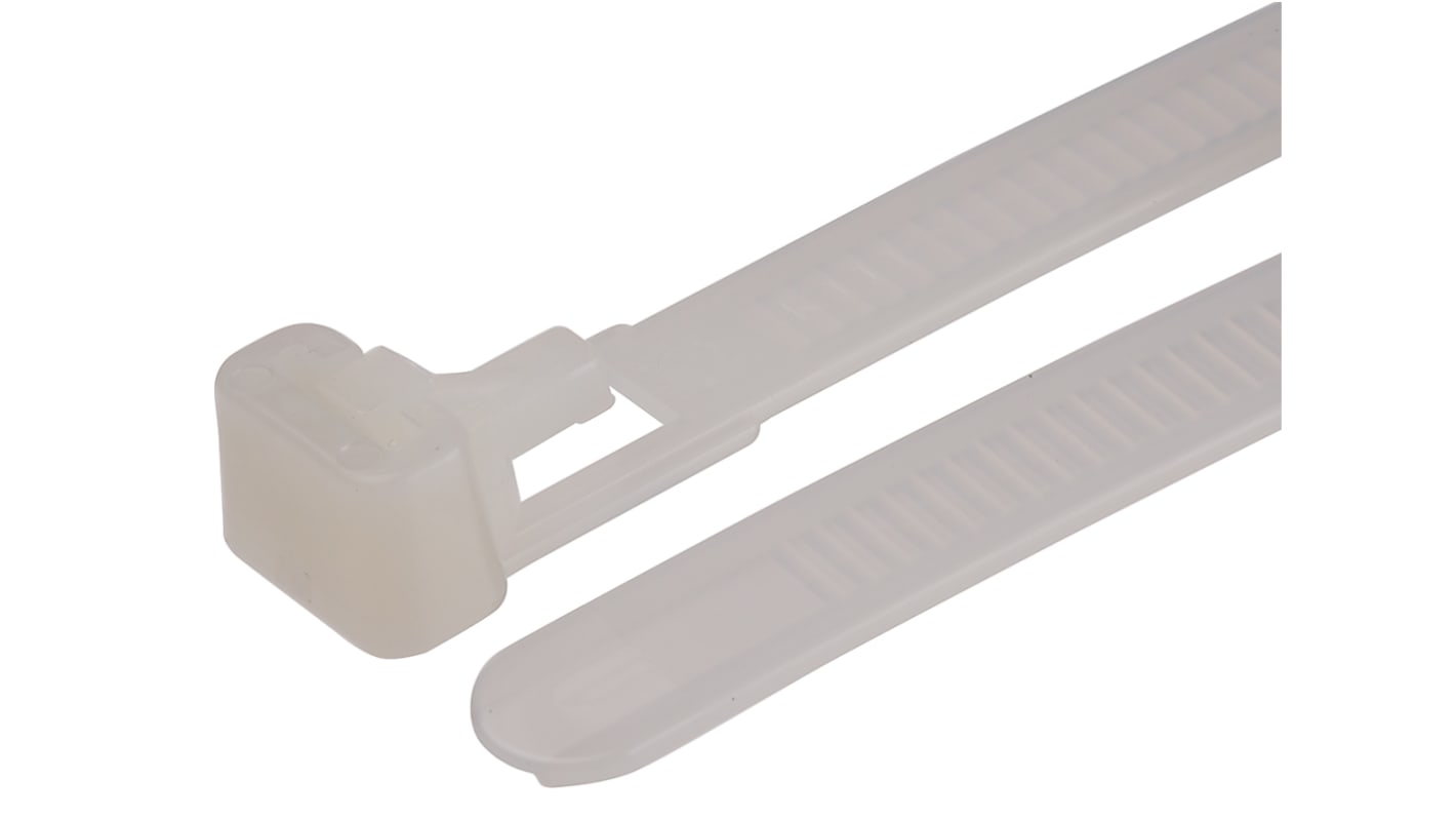 RS PRO Cable Tie, Releasable, 150mm x 7.6 mm, Natural Nylon, Pk-100