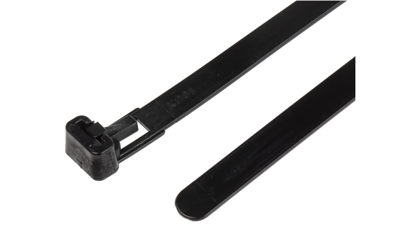 RS PRO Cable Tie, Releasable, 250mm x 7.6mm, Black Nylon, Pk-100