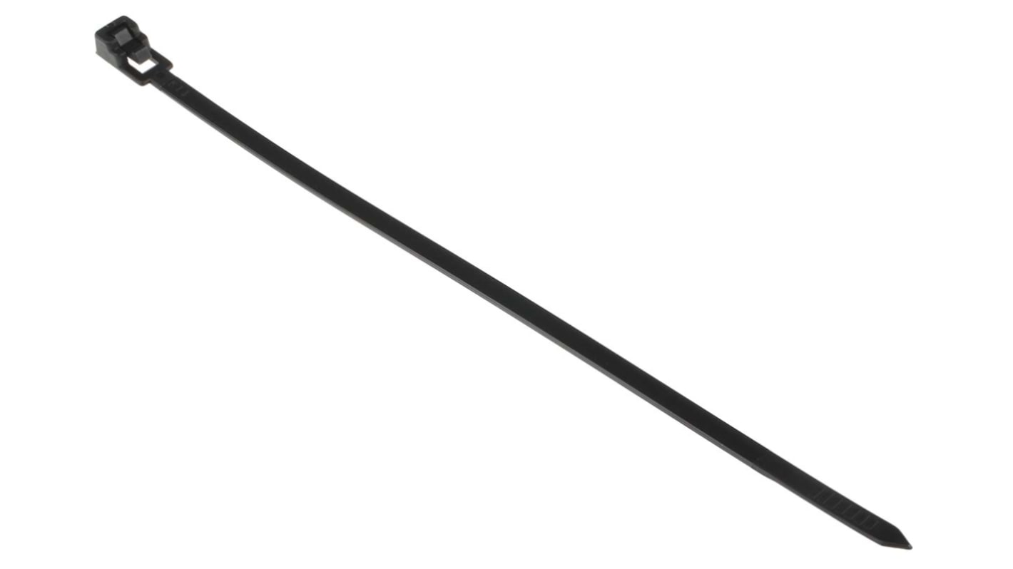 RS PRO Cable Tie, Releasable, 200mm x 4.5 mm, Black Nylon, Pk-100