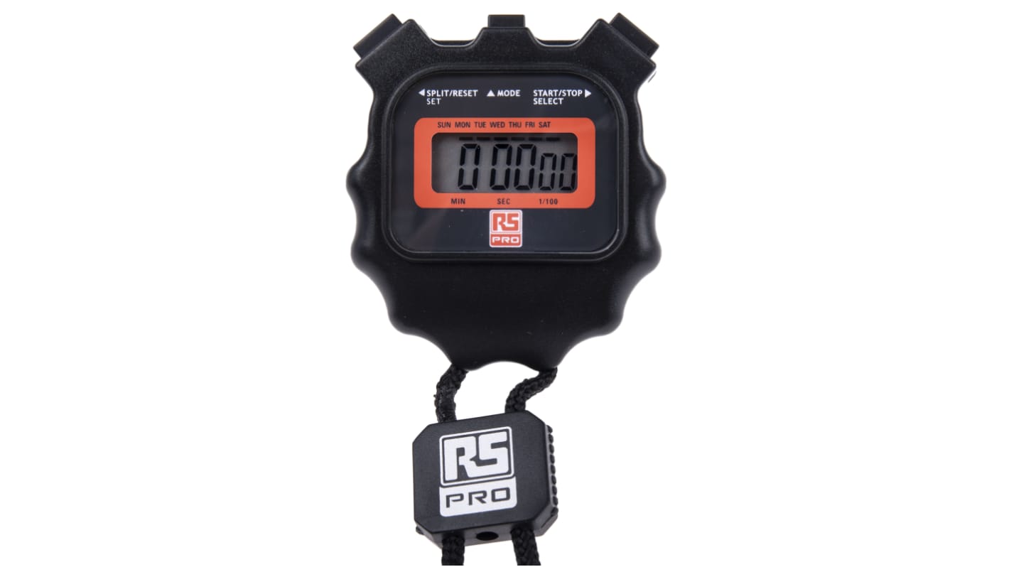 RS PRO Digital Stoppuhr, Taschenstoppuhr, max. 24 h 40 min 1 s, 1/100s,  Batteriebetrieben, Schwarz