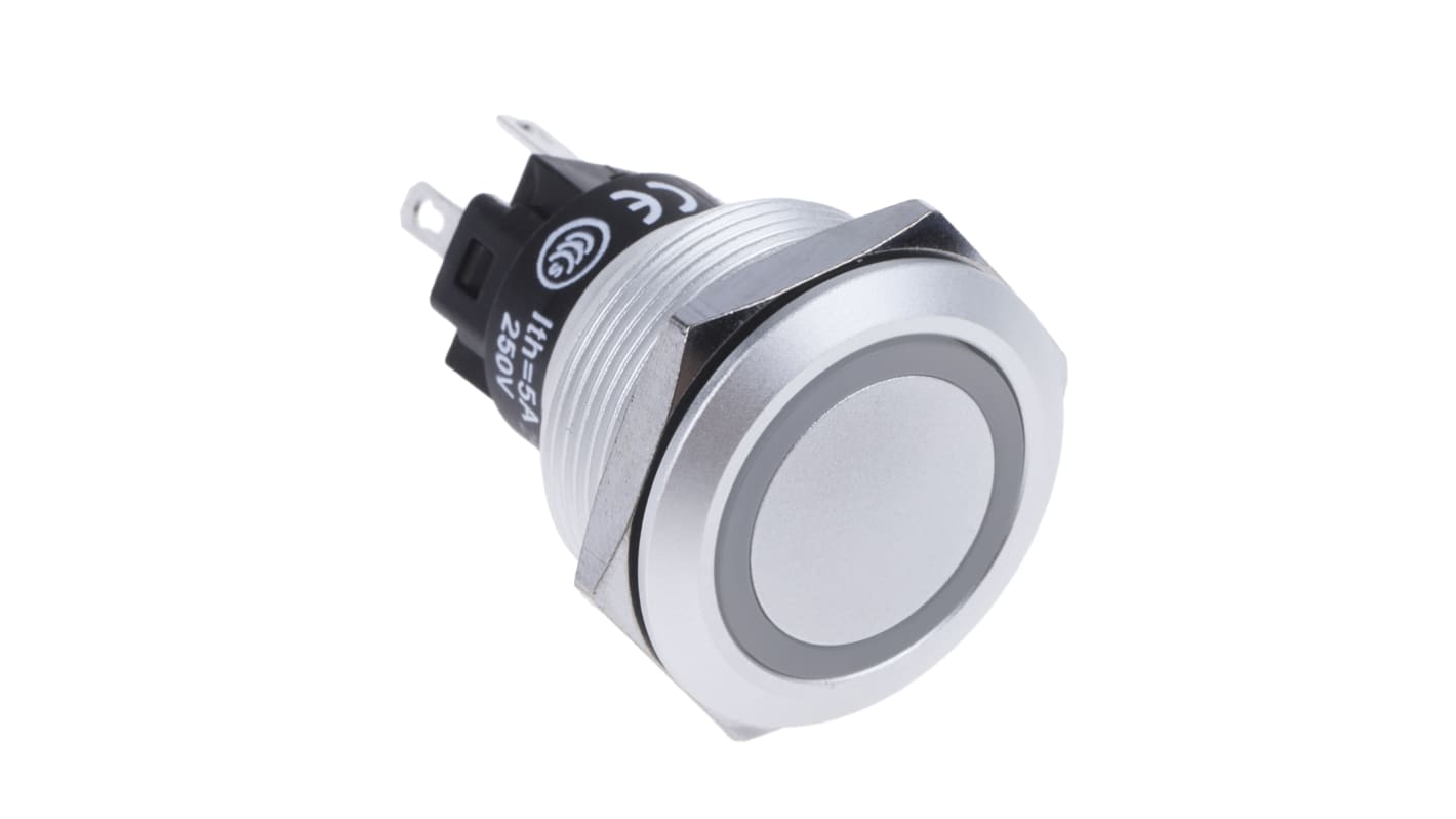 EAO 带灯按钮开关, Φ22.3mm开孔, 面板安装, 瞬时操作圆形铝, 绿色LED, 单刀双掷, IP65, IP67, 82系列