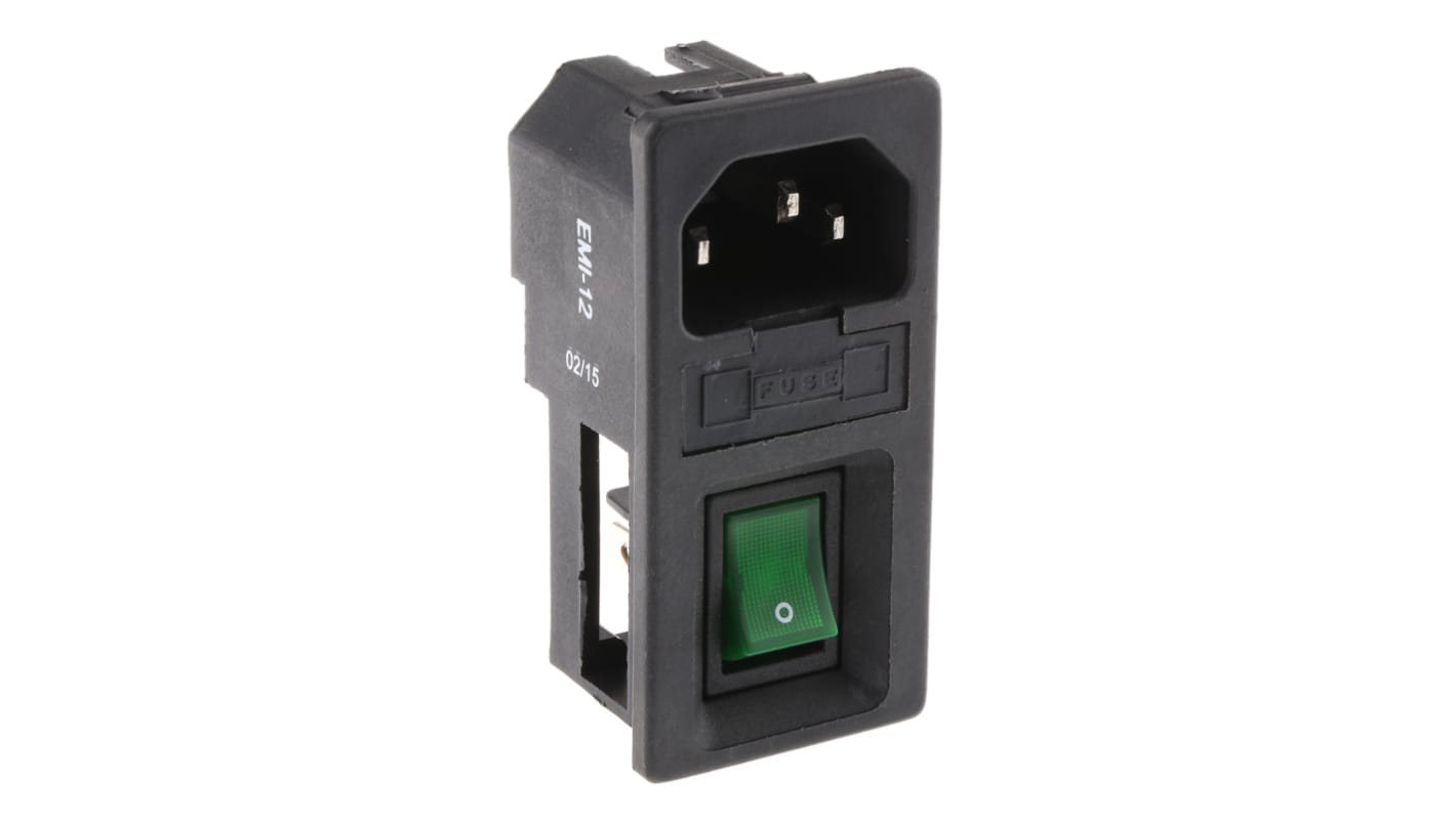 Conector IEC C14 macho RS PRO, Recto, Encaje a Presión, 250 V, 6A, con 1 fusible de 5 x 20mm, con interruptor de 2 polos