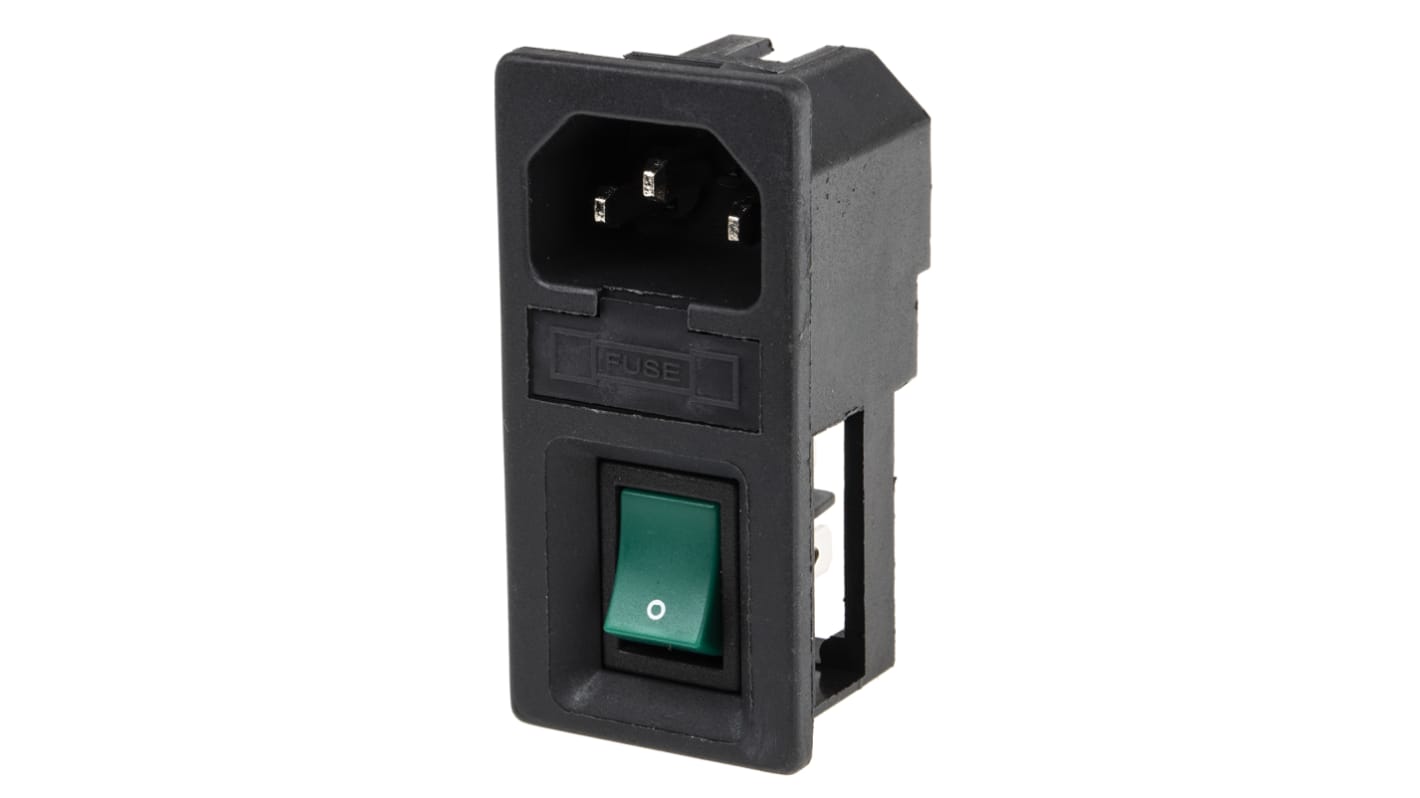 RS PRO C14 Snap-In IEC Connector Male, 6A, 250 V, Fuse Size 5 x 20mm