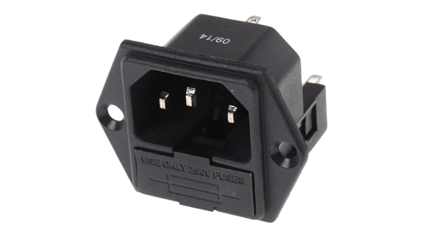 RS PRO C14插头 IEC连接器, 面板安装, 250 V, 10A, 2个5 x 20mm保险丝