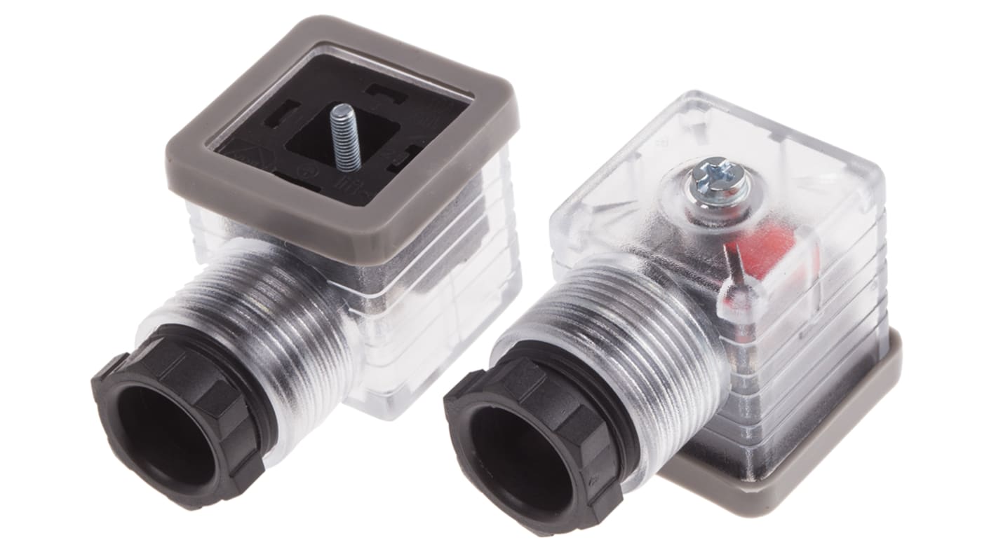 RS PRO 2P+E DIN 43650 A, Female Solenoid Valve Connector with Indicator Light, 12 V dc Voltage