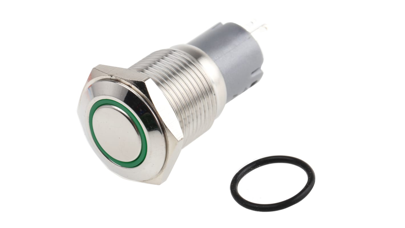 RS PRO Illuminated Push Button Switch, Latching, Panel Mount, 16mm Cutout, SPDT, Green LED, 250V ac, IP65, IP67