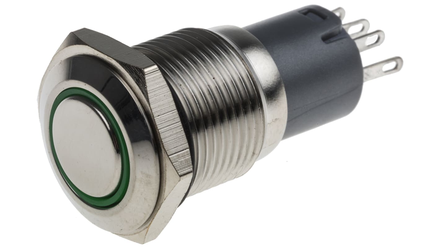 RS PRO Illuminated Push Button Switch, Latching, Panel Mount, 16mm Cutout, SPDT, Green LED, 250V ac, IP65, IP67