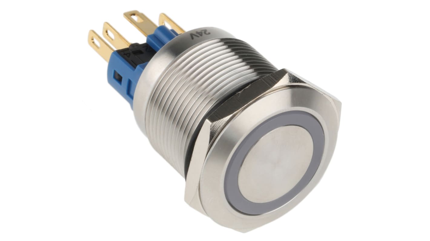 Bouton-poussoir, Verrouillable lumineux, LED Bleu, 1RT, 5 A @ 250 V c.a., Montage panneau