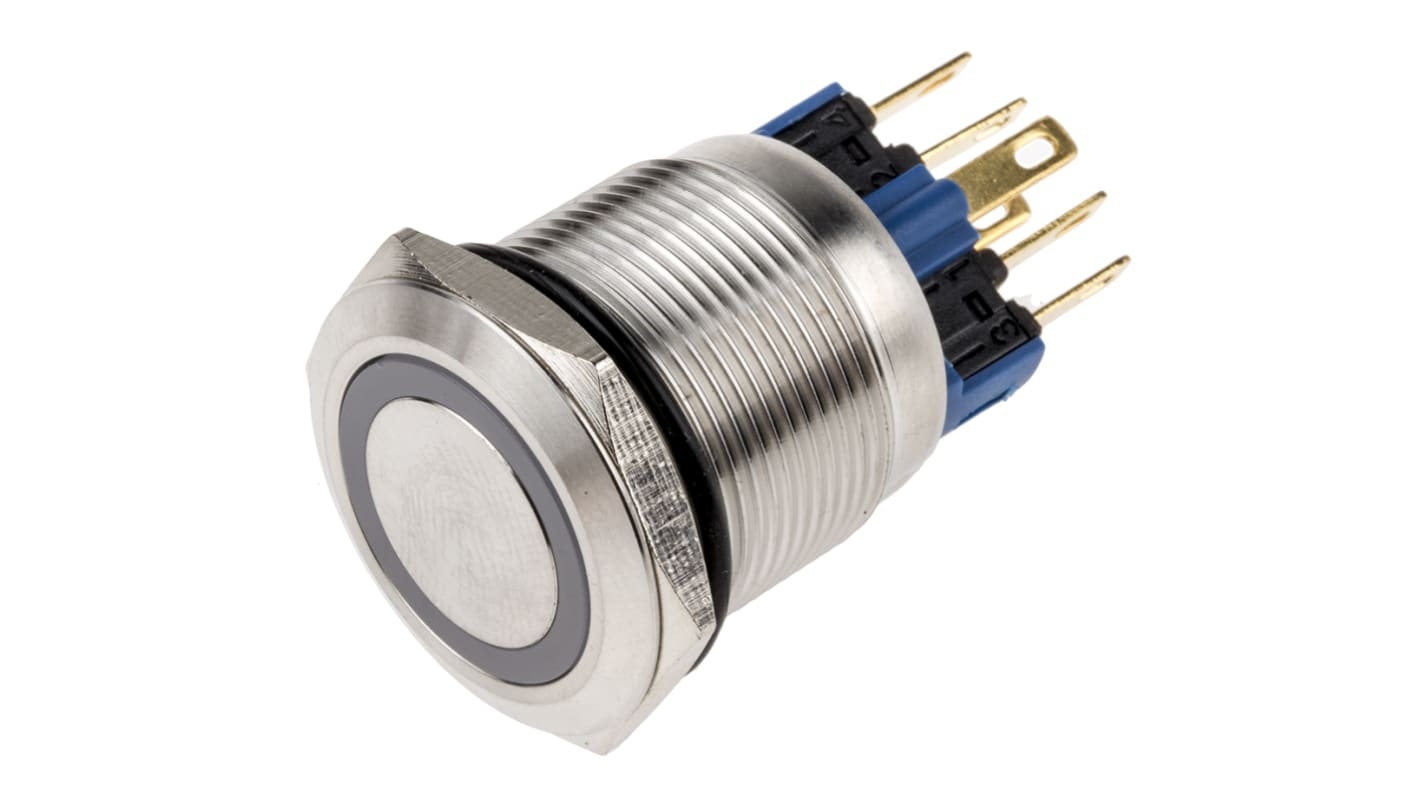 Interruptor de Botón Pulsador RS PRO, color de botón Plata, SPDT, Enclavamiento, 5 A a 250 V ac, 250V ac, Montaje en