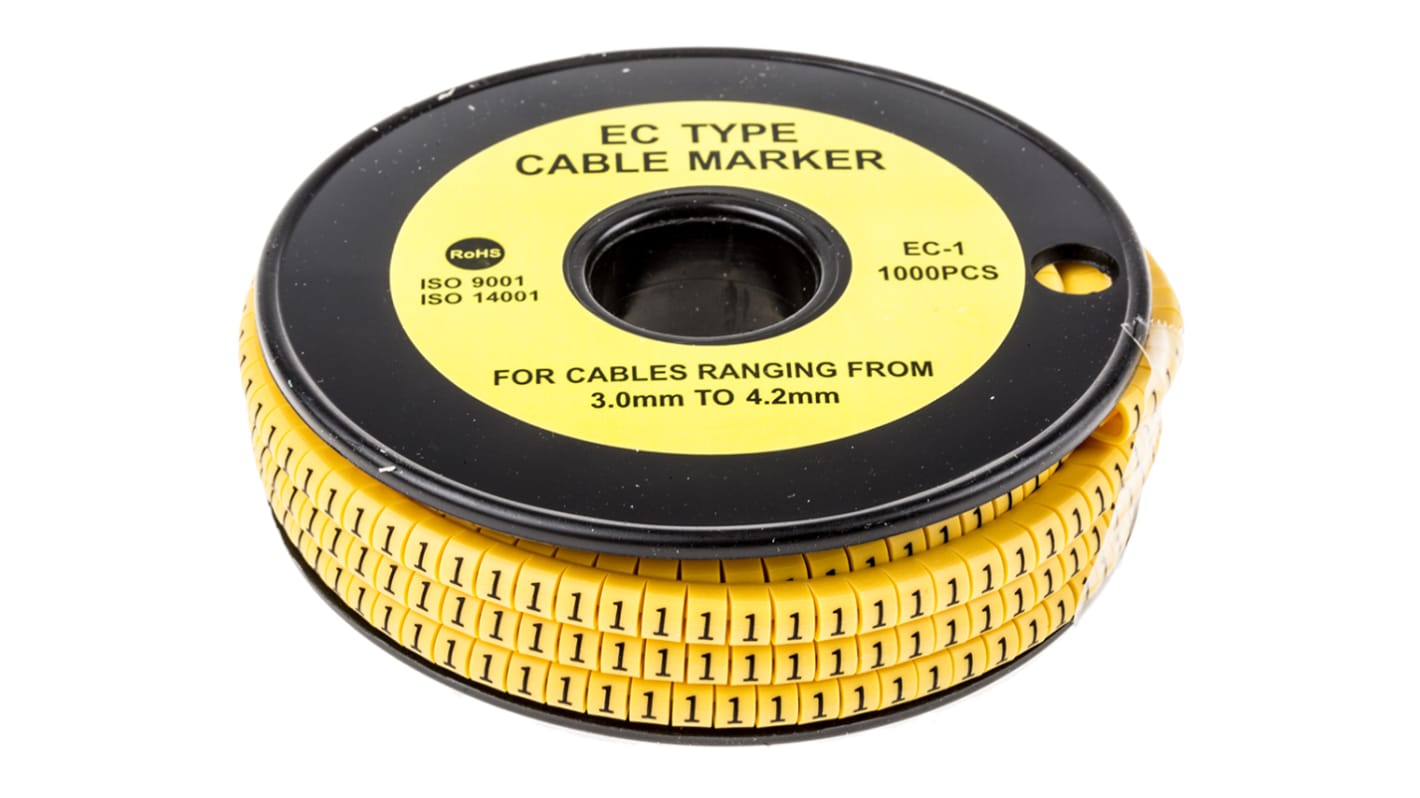 Marcadores de cable RS PRO de PVC Negro sobre Amarillo, texto: 1, Ø máx. 4.2mm, montaje: Deslizante, 1000 uds.