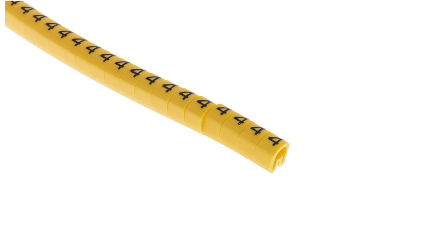 RS PRO Slide On Cable Markers, Black on Yellow, Pre-printed "4", 3 → 4.2mm Cable