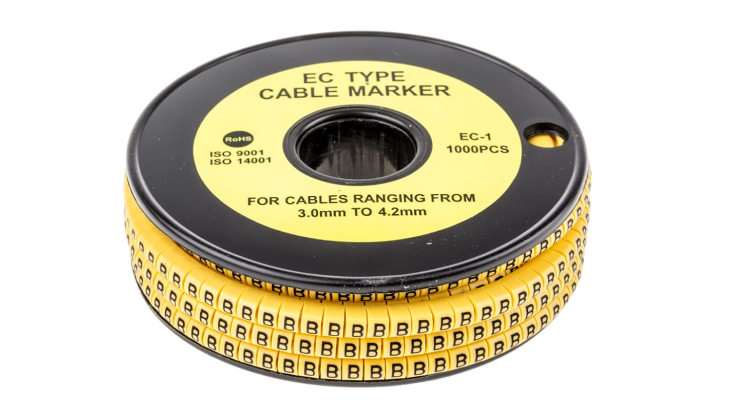RS PRO Slide On Cable Markers, Black on Yellow, Pre-printed "B", 3 → 4.2mm Cable
