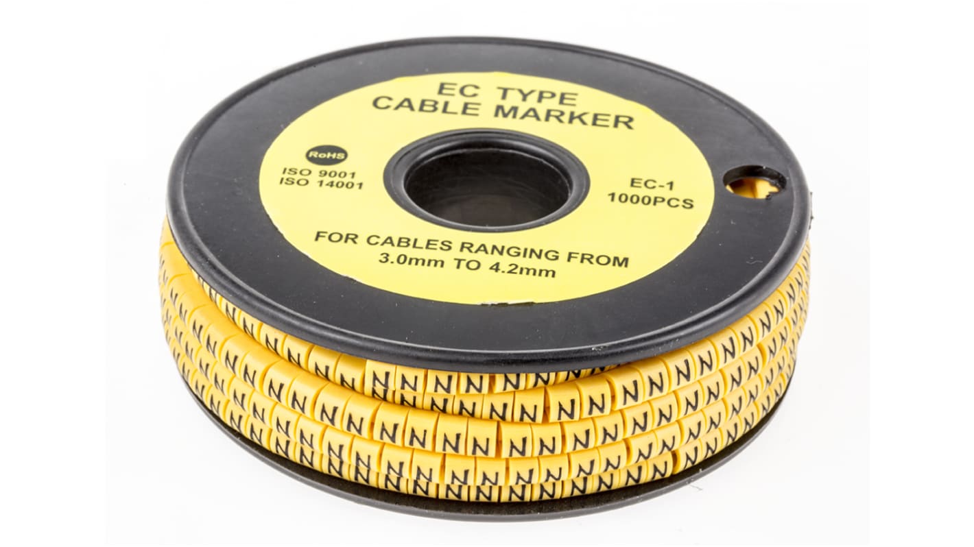 RS PRO Slide On Cable Markers, Black on Yellow, Pre-printed "N", 3 → 4.2mm Cable