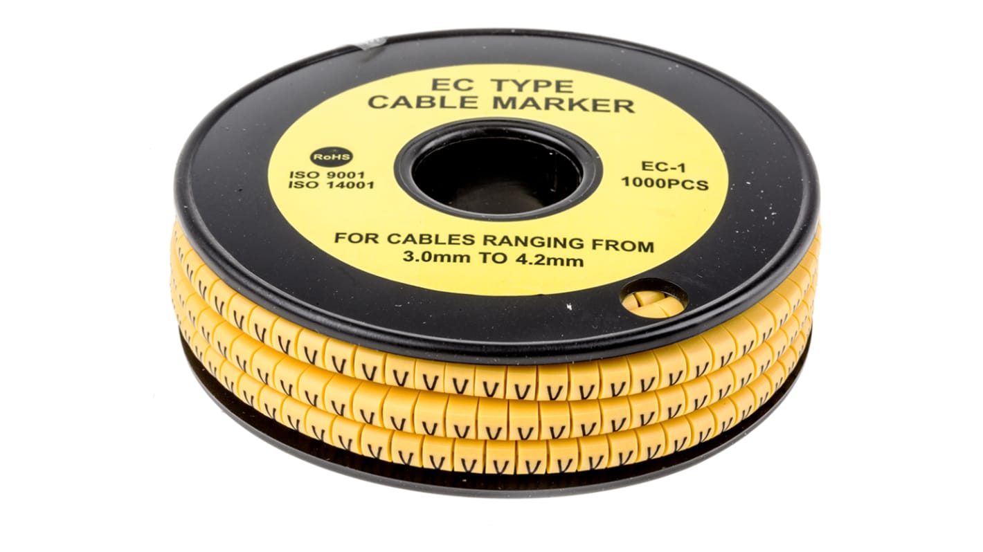 RS PRO Slide On Cable Markers, Black on Yellow, Pre-printed "V", 3 → 4.2mm Cable