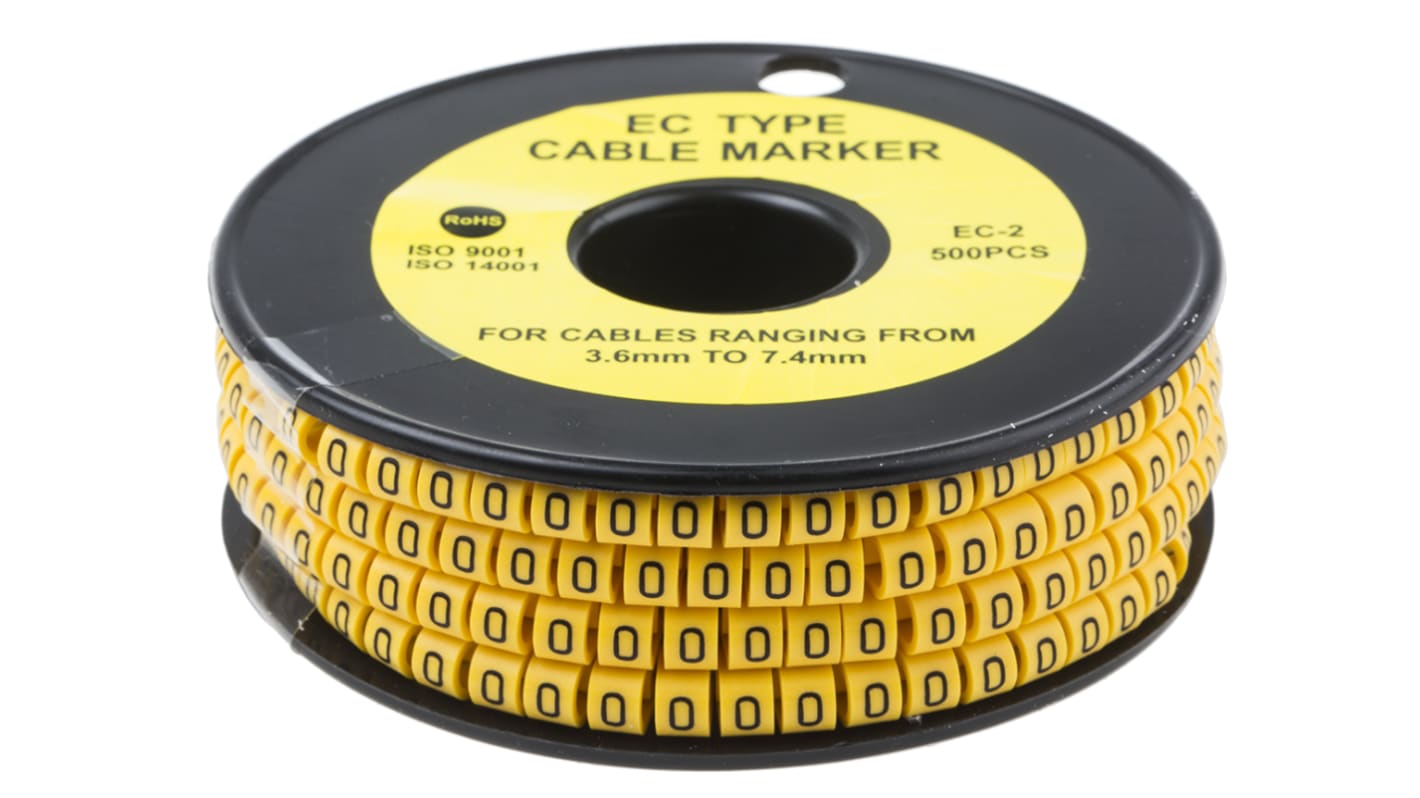 RS PRO Slide On Cable Markers, Black on Yellow, Pre-printed "0", 3.6 → 7.4mm Cable