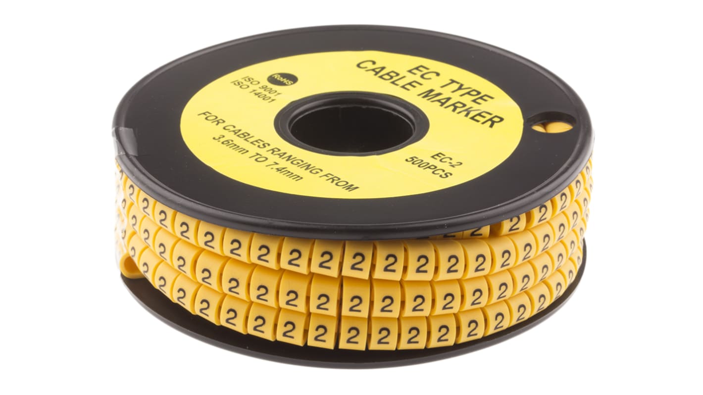 RS PRO Slide On Cable Markers, Black on Yellow, Pre-printed "2", 3.6 → 7.4mm Cable