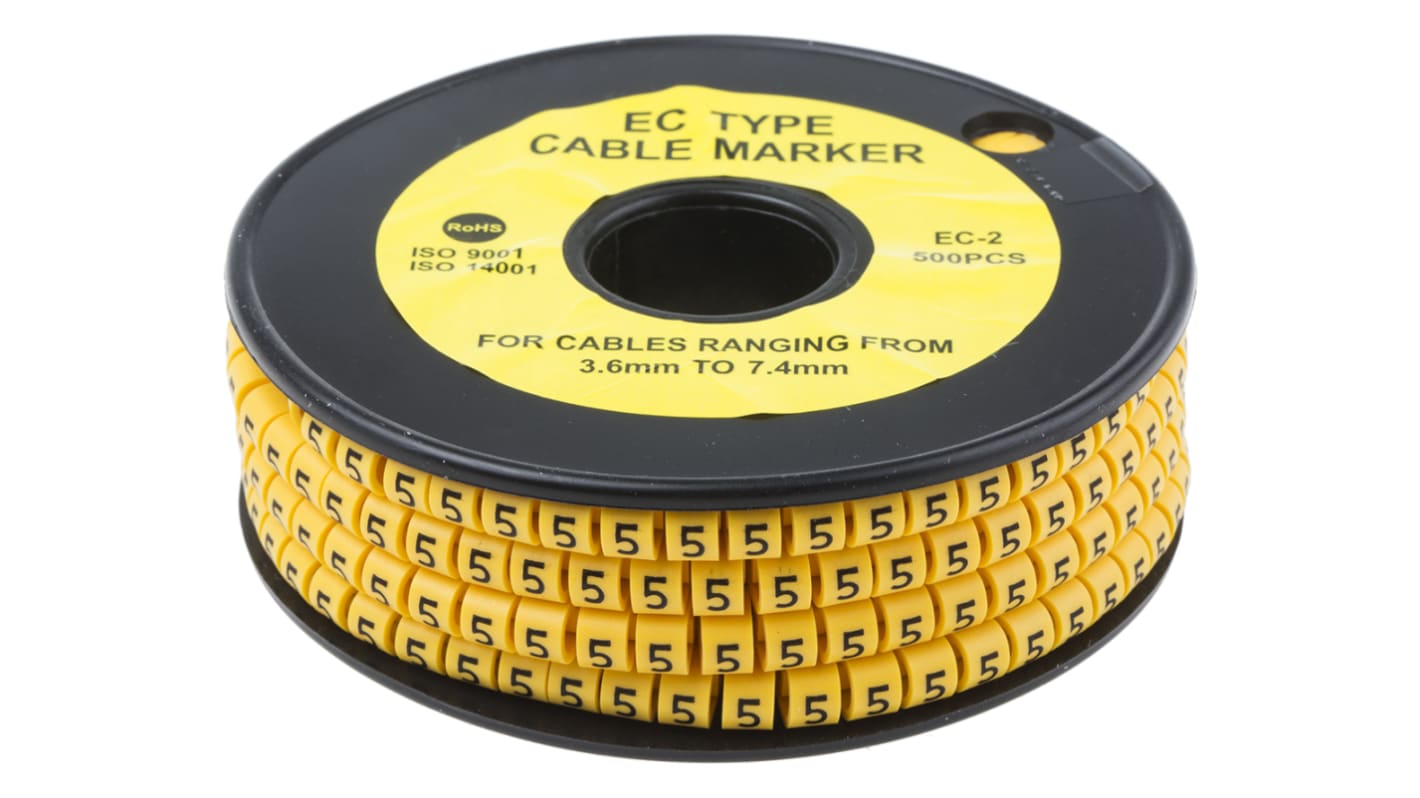 RS PRO Slide On Cable Markers, Black on Yellow, Pre-printed "5", 3.6 → 7.4mm Cable