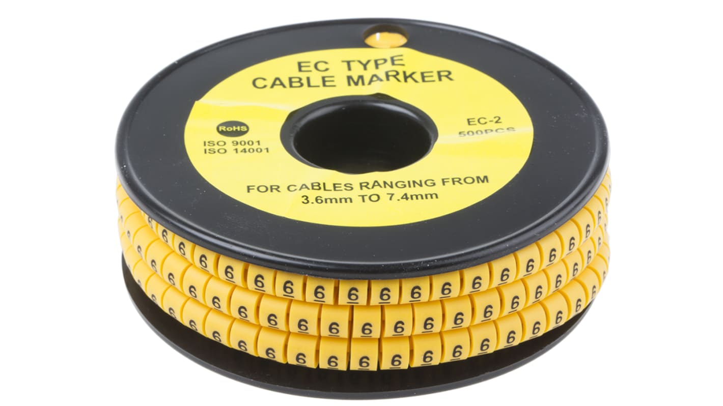 RS PRO Slide On Cable Markers, Black on Yellow, Pre-printed "6", 3.6 → 7.4mm Cable