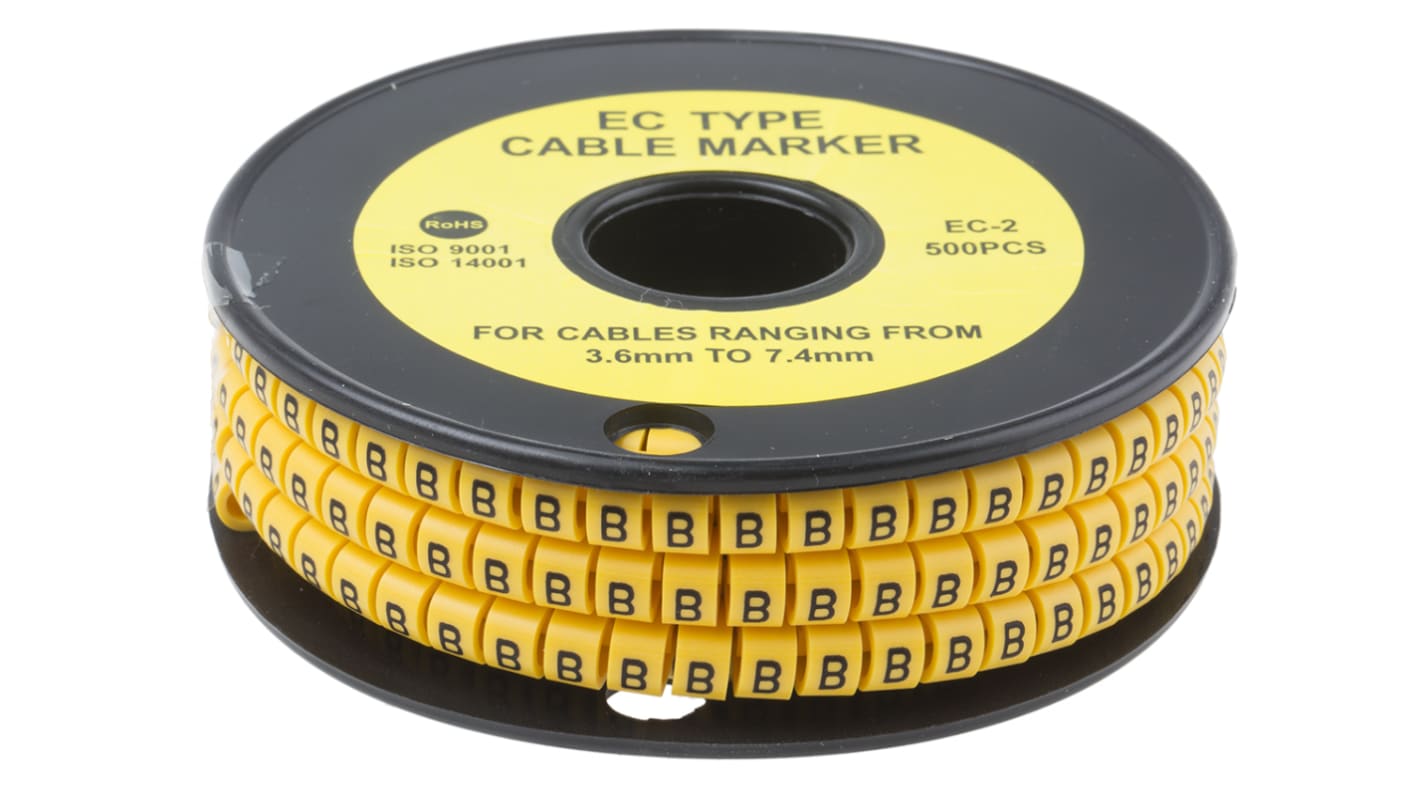 RS PRO Slide On Cable Markers, Black on Yellow, Pre-printed "B", 3.6 → 7.4mm Cable