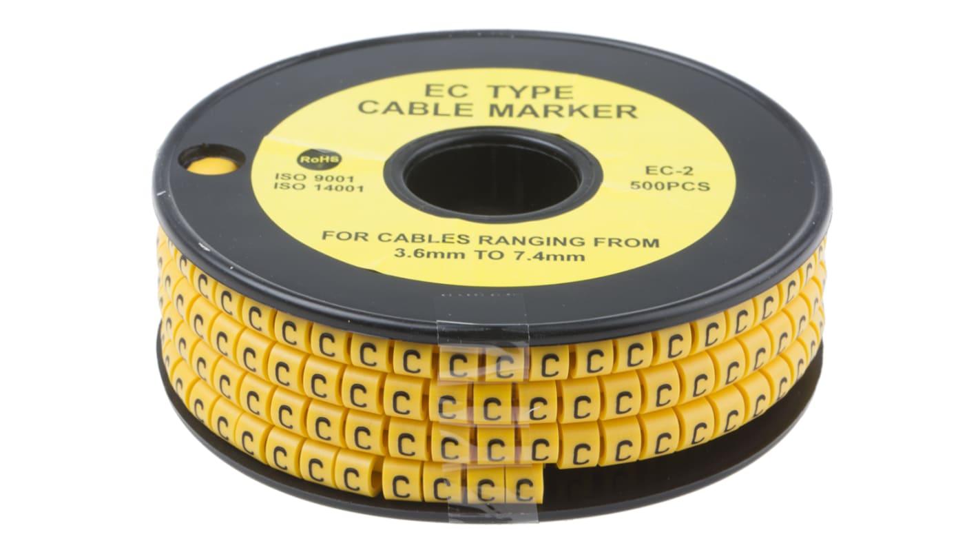 RS PRO Slide On Cable Markers, Black on Yellow, Pre-printed "C", 3.6 → 7.4mm Cable