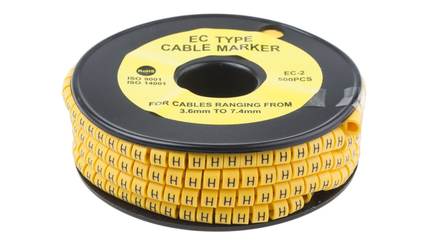 RS PRO Slide On Cable Markers, Black on Yellow, Pre-printed "H", 3.6 → 7.4mm Cable