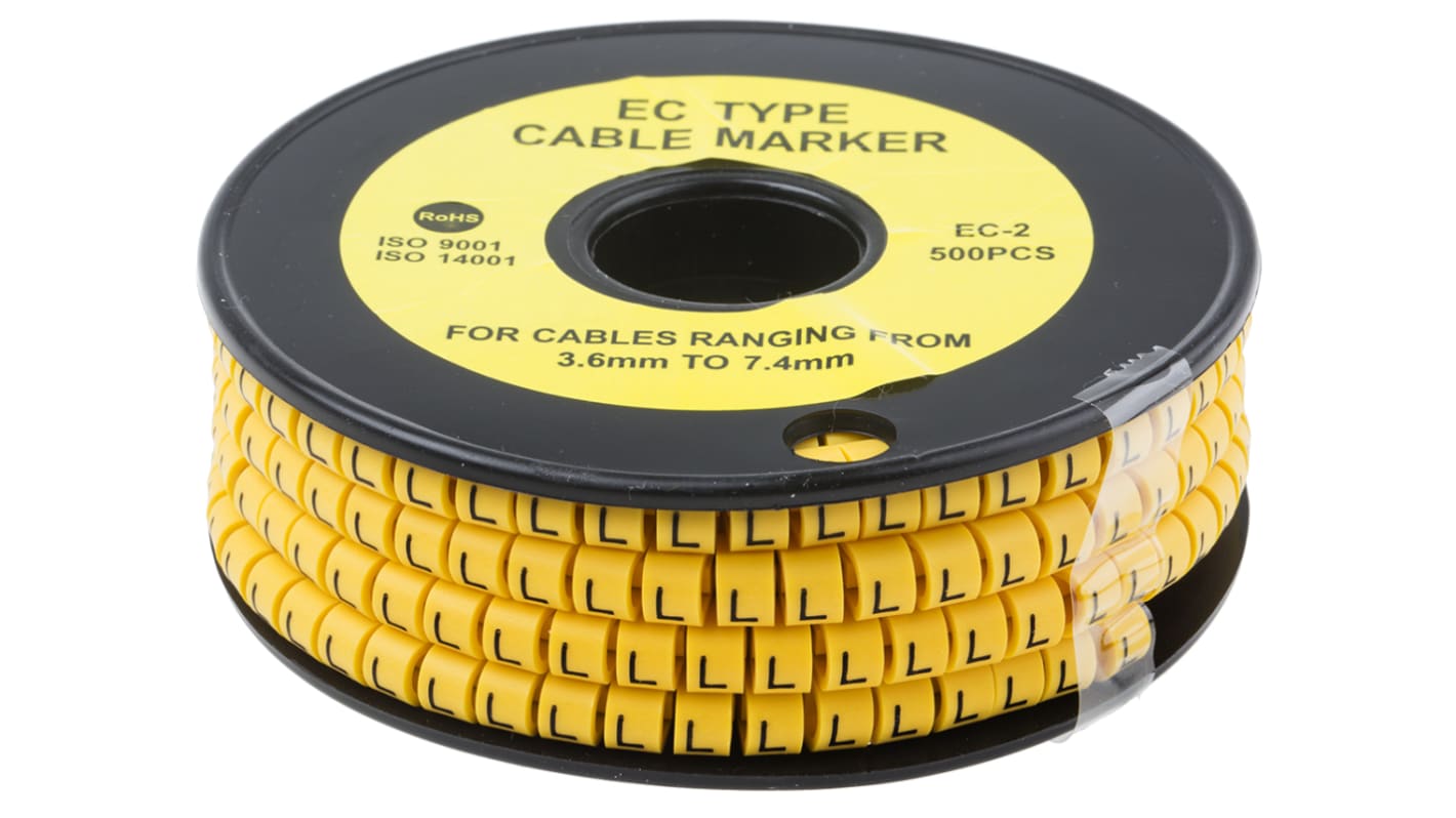 Marcadores de cable RS PRO de PVC Negro sobre Amarillo, texto: L, Ø máx. 7.4mm, montaje: Deslizante, 500 uds.