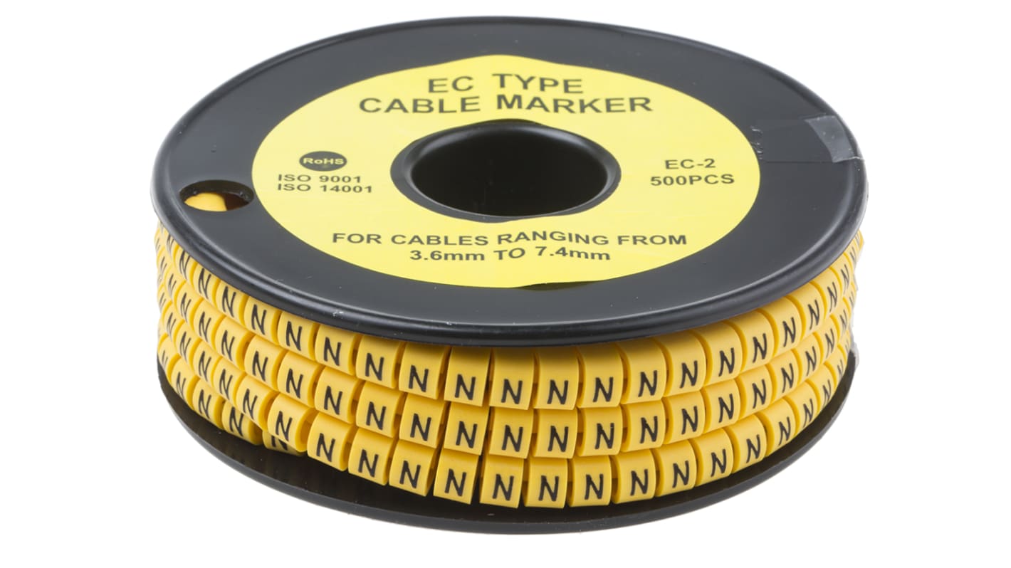 Marcadores de cable RS PRO de PVC Negro sobre Amarillo, texto: N, Ø máx. 7.4mm, montaje: Deslizante, 500 uds.