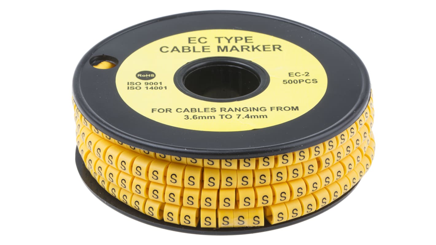 RS PRO Slide On Cable Markers, Black on Yellow, Pre-printed "S", 3.6 → 7.4mm Cable