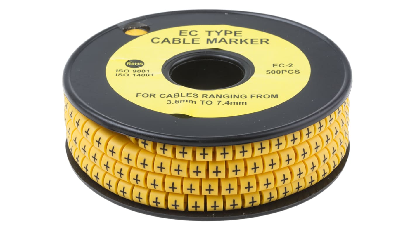 Marcadores de cable RS PRO de PVC Negro sobre Amarillo, texto: +, Ø máx. 7.4mm, montaje: Deslizante, 500 uds.