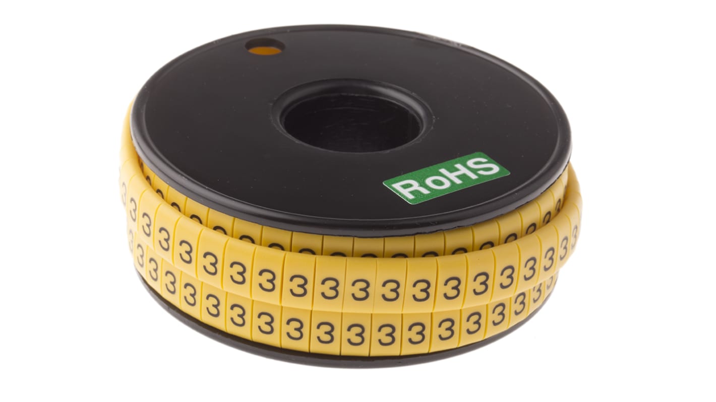 RS PRO Slide On Cable Markers, Black on Yellow, Pre-printed "3", 3.5 → 7mm Cable