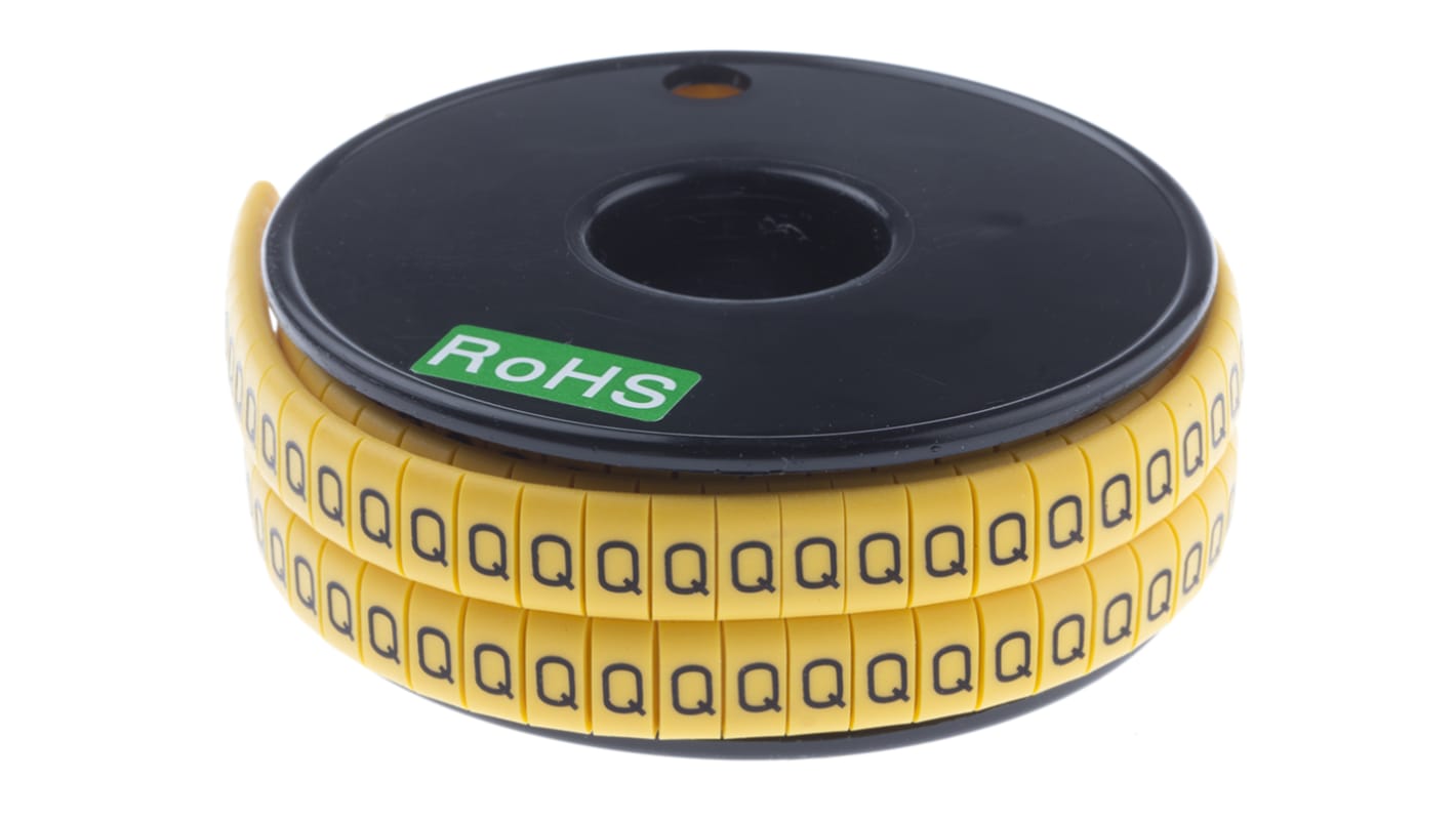 RS PRO Slide On Cable Marker, Black on Yellow, Pre-printed "Q", 3.5 → 7mm Cable