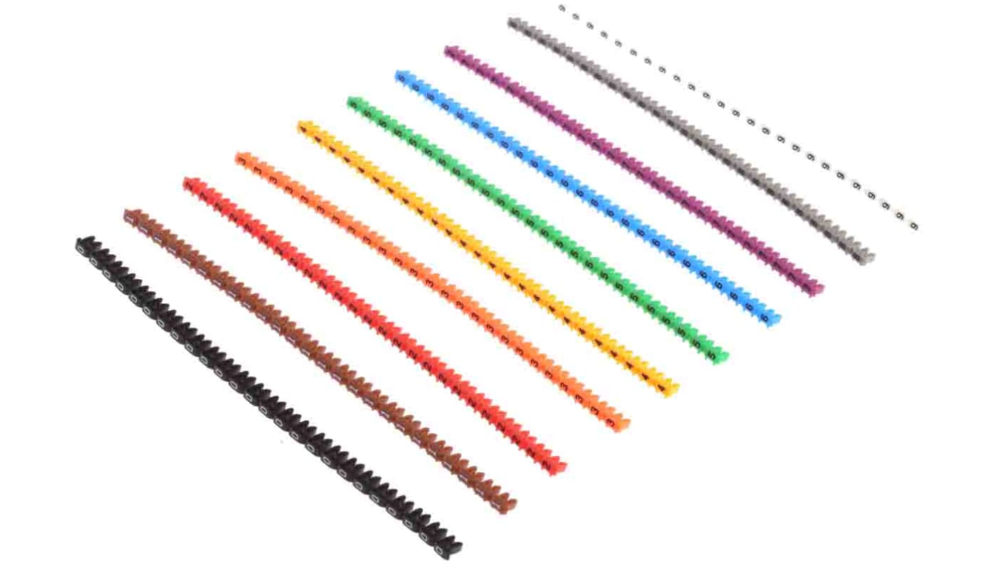 Marcadores de cable RS PRO de Nylon 66, multicolor, texto: 0 → 9, montaje: Pinza, 250 uds.